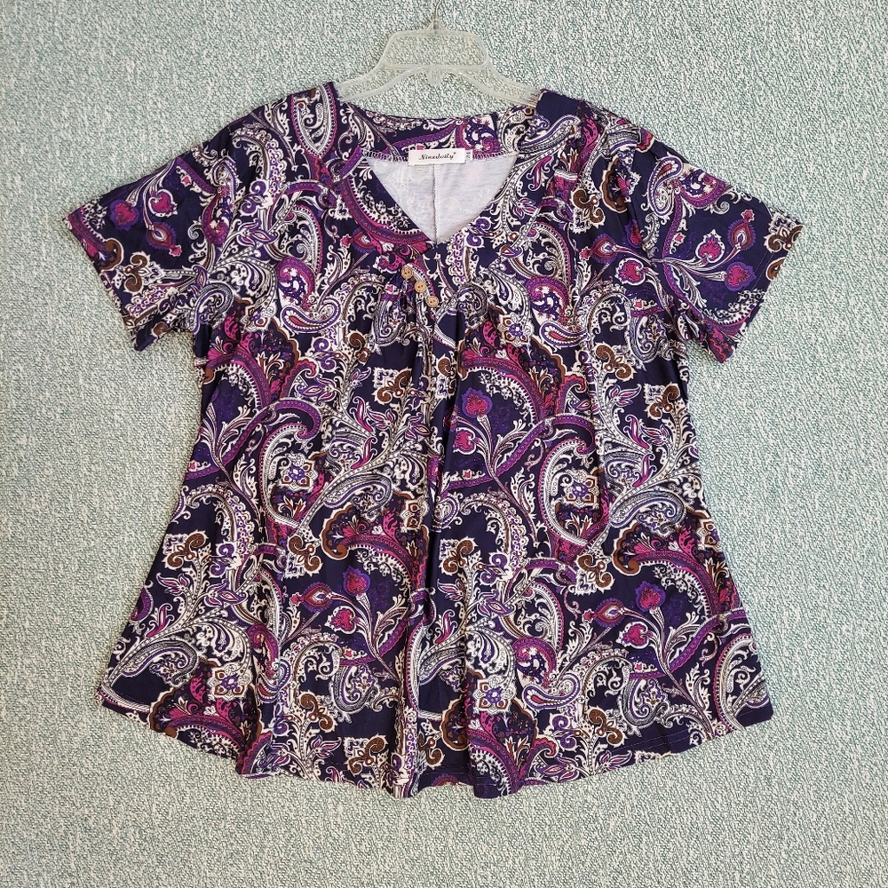Paisley Print V-Neck Women's Top, Short Sleeve, 2XL